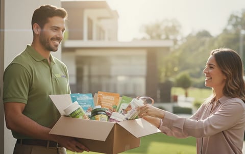 Delivery man handing a box of groceries to a smiling woman at her home