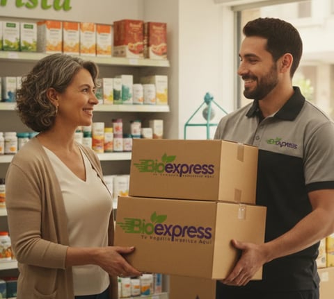 Bio Express delivery driver handing stacked cardboard boxes to a smiling woman customer in a store with shelves of products in the background
