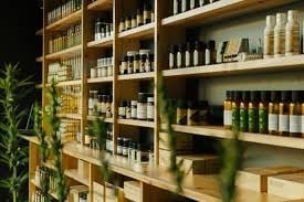 Wooden shelving display with various skincare and beauty products in bottles and jars, decorated with green plants